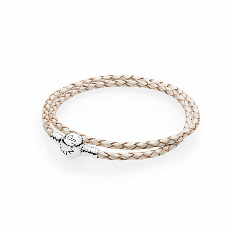 Pandora Champagne-colored Braided Double-leather Charm Bracelet - Sterling Silver/Leather/White - Ca